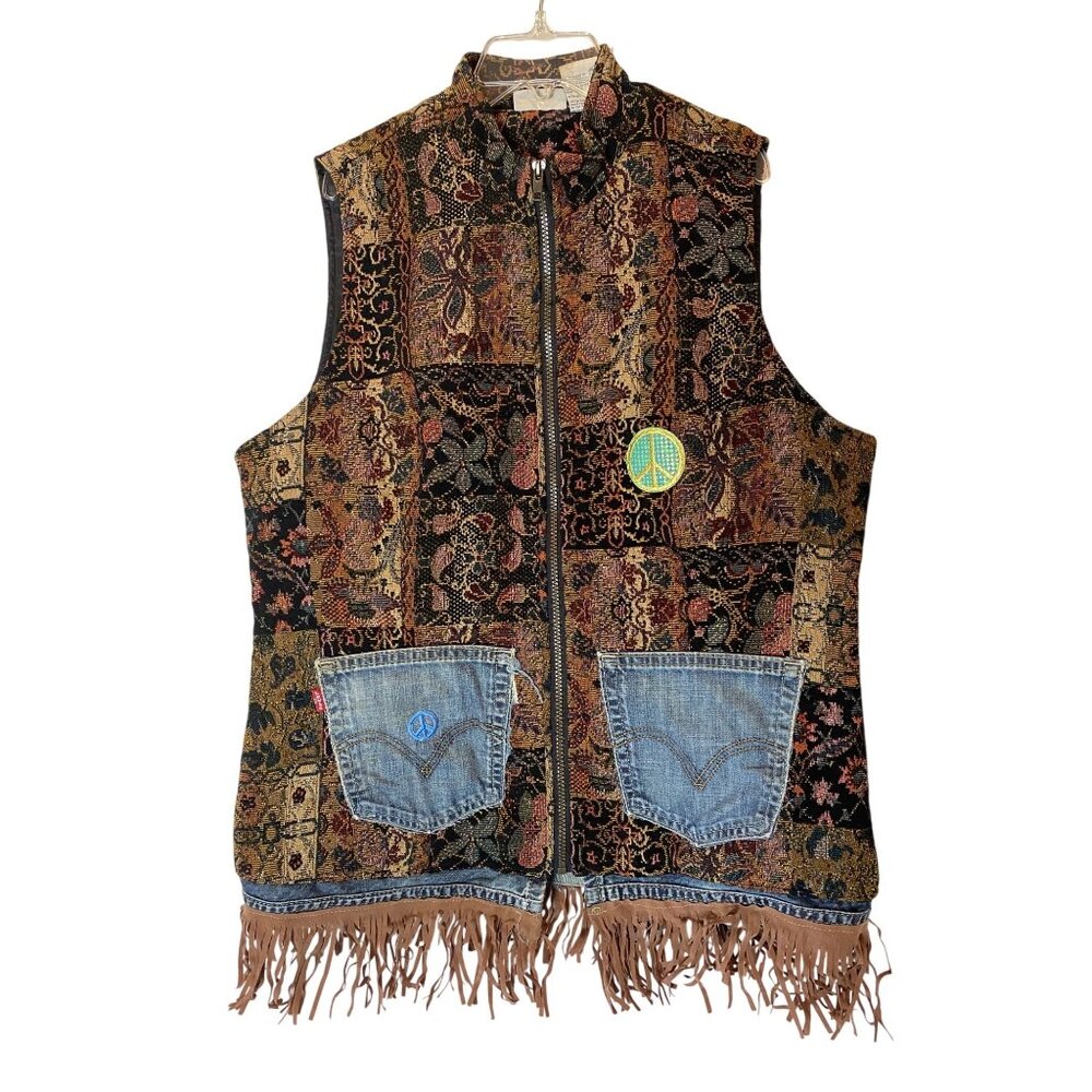Boho Patchwork Tapestry Vest Womens XL Denim Accents Fringe Hem XL